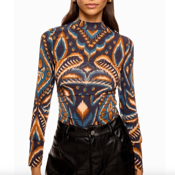 FARM RIO Mock Neck Long Sleeve Top Pineapple Ikat Blue Size Small - Picture 1 of 9